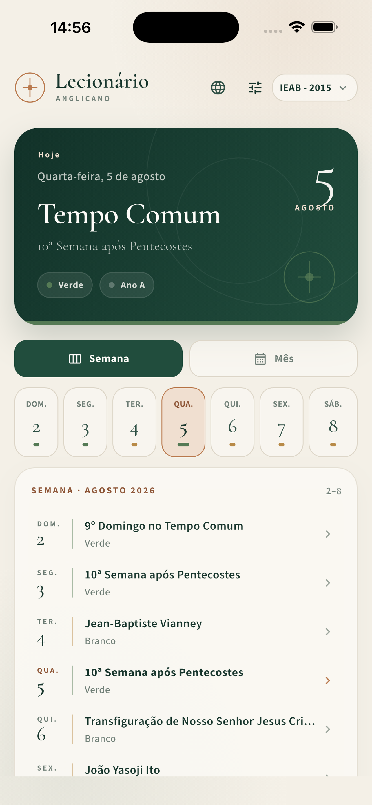 Tela do Lecionário Anglicano mostrando a visão semanal em português.